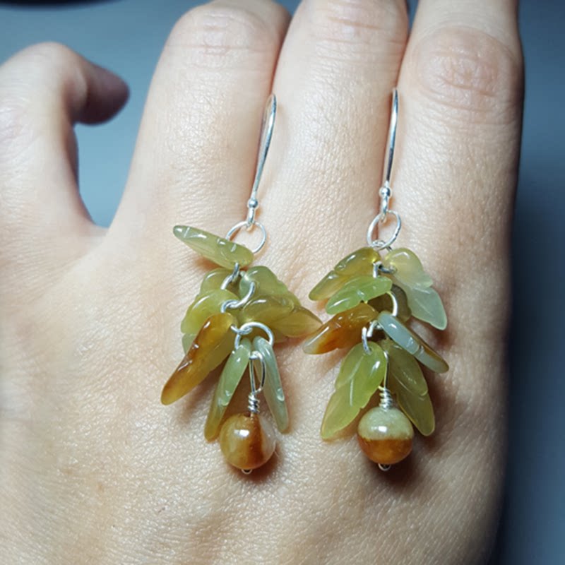 翡翠耳环耳坠a货冰黄树叶耳坠925银镶嵌耳线天然玉石翡翠原石耳钉