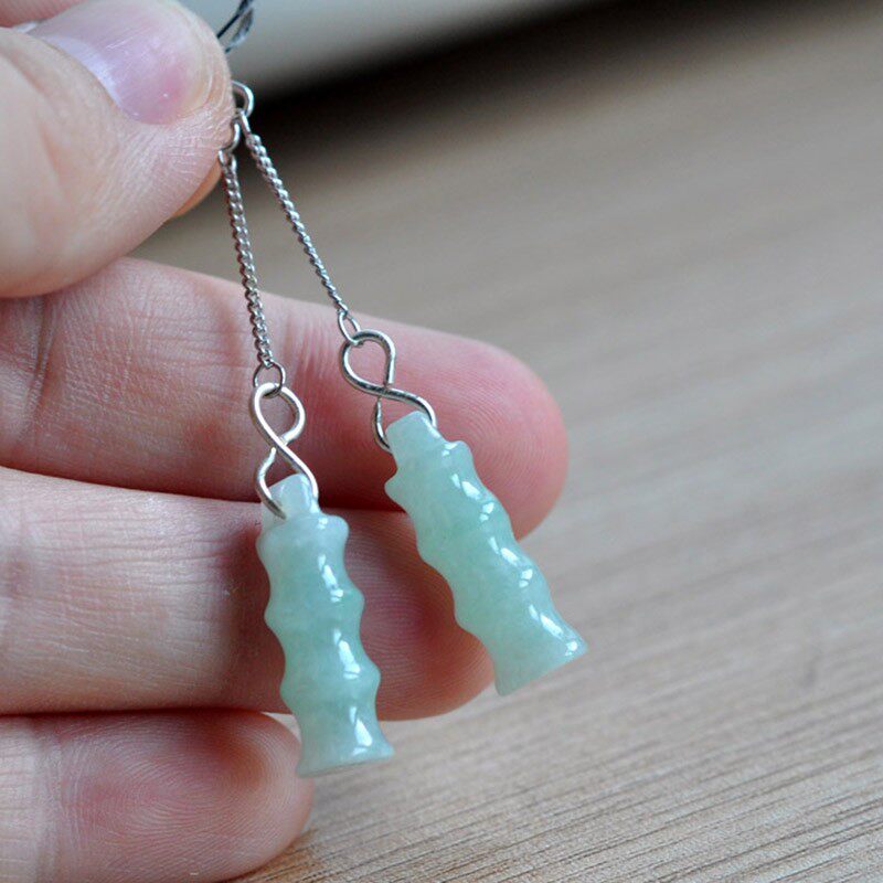 翡翠耳环耳坠天然翡翠A货冰种竹节耳饰925银镶嵌耳线玉石原石耳钉