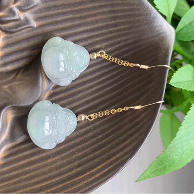 冰种小佛耳坠天然缅甸翡翠耳环14k金A货古风款原创个性耳饰耳钩饰