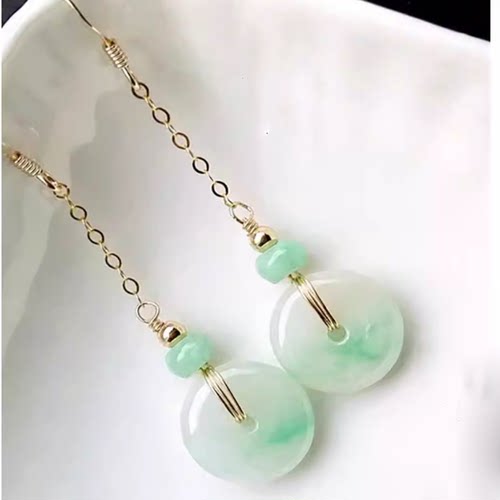 天然A货翡翠平安扣耳环耳坠飘绿玉平安扣甜圈圈18k金耳线玉石耳饰