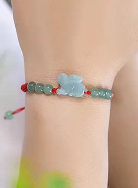 天然缅甸翡翠玉兔子红绳编织女款手链十二生肖本命年手绳玉石手串