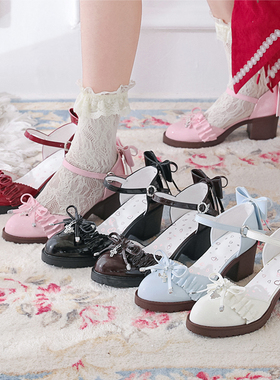 原创Lolita中跟lo鞋浅口甜美少女鞋学院风日系洛丽塔小圆头女凉鞋