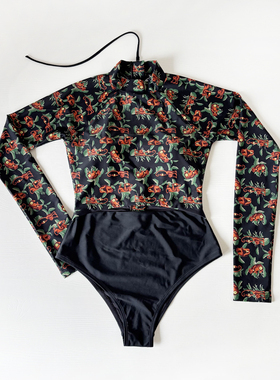 运动防晒长袖连体泳衣女冲浪潜个性猿猴墨绿色后拉链高腰显瘦有垫