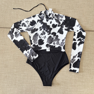 澳洲运动防晒长袖 连体泳衣女冲浪潜水豹纹拼接后拉链高腰显瘦有垫