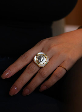 原创设计天然贝母925银欧美古币戒指女小众高级轻奢气质复古百搭