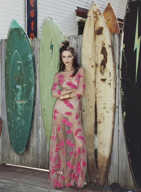 For love & lemons 正品粉色刺绣大花拖地长连衣裙沙滩裙海边度假