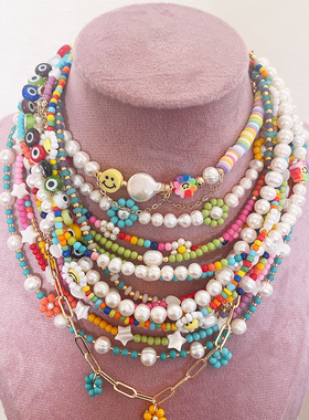 S33 潮牌 欧美流行 彩色 串珠 项链 花 星星 笑脸珍珠 吊饰 链条