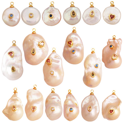 R17 欧美流行 天然珍珠 贝壳珍珠 彩色 锆石 圆形 几何 吊坠