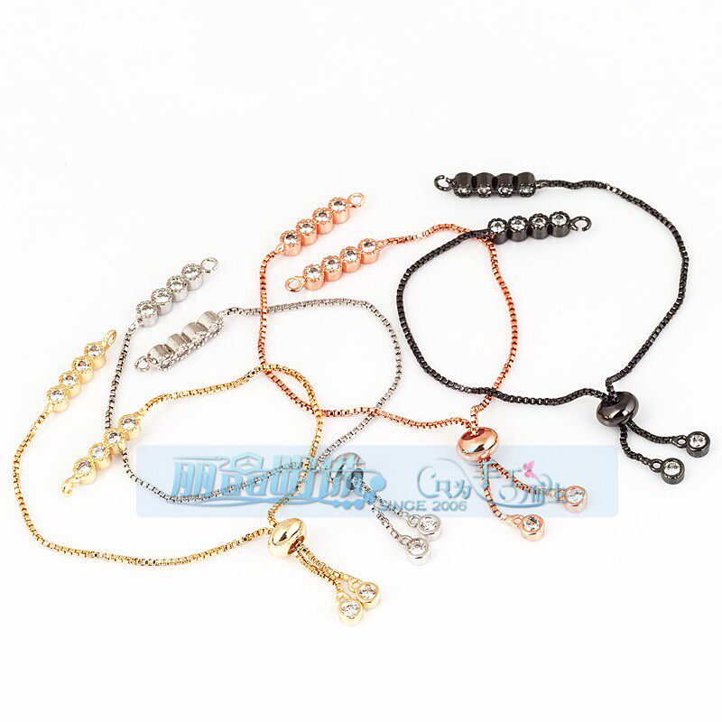 diy饰品配件 半925银 镀金色微镶 可调节滑动连接件 半成品手链