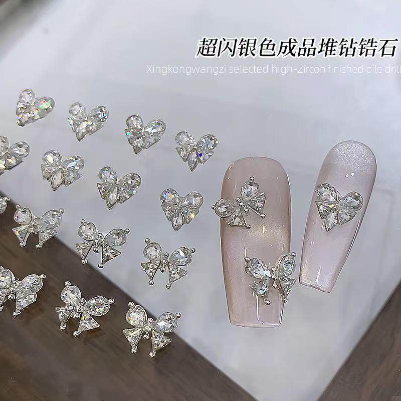 网红爆款蝴蝶成品锆石美甲饰品钻银白超闪爱心锆石堆钻指甲钻饰品