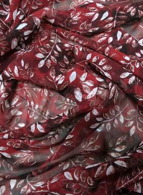 雪纺面料 春夏流行暗红色底彩色柳枝叶印花半透明化纤布料 连衣裙