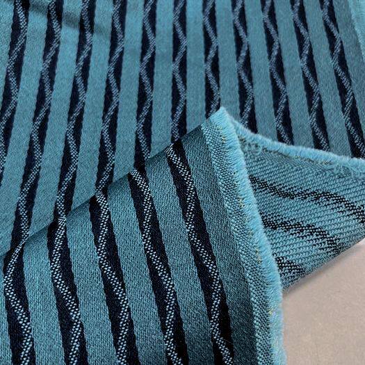 全羊毛面料 秋冬西服裤子 湖蓝色底藏青色波浪竖条纹色织毛料布料