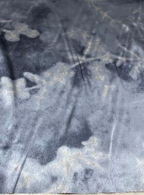 化纤缎面料 春夏古典旗袍上衣 蓝灰色朦胧水墨扎染花瓣光泽缎布料