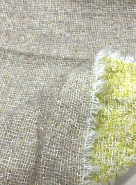 羊驼绒面料 秋冬大衣 卡其灰与荧光绿色稀疏圈圈拉毛色织全毛布料