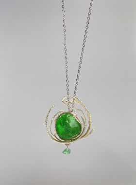 猫眼石原石项链创意原创小众纯手工绕线吊坠女挂坠锁骨链毛衣链