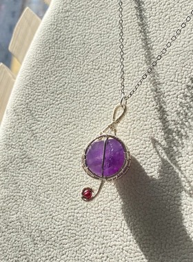 天然紫水晶原石小众设计感高级轻奢手工绕线水晶项链吊坠锁骨链