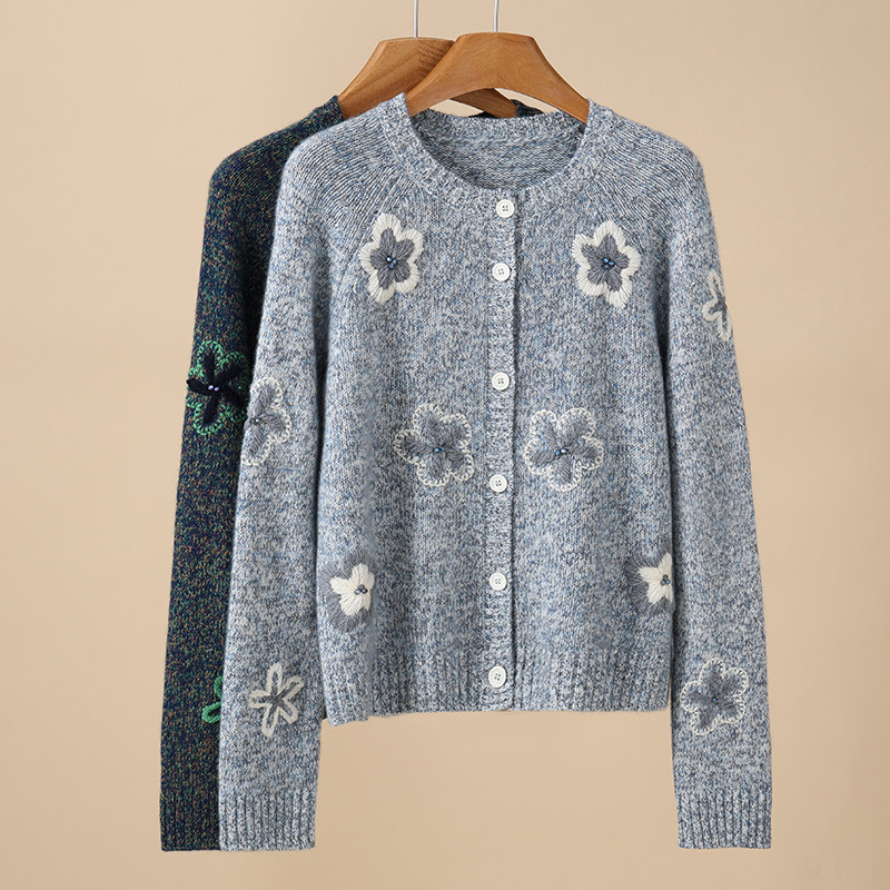 100%纯山羊绒针织圆领开衫女时尚花朵刺绣毛衣外套羊绒衫上衣,女装/女士精品,羊绒衫,淘宝优惠券,粉丝福利购,淘宝优惠卷