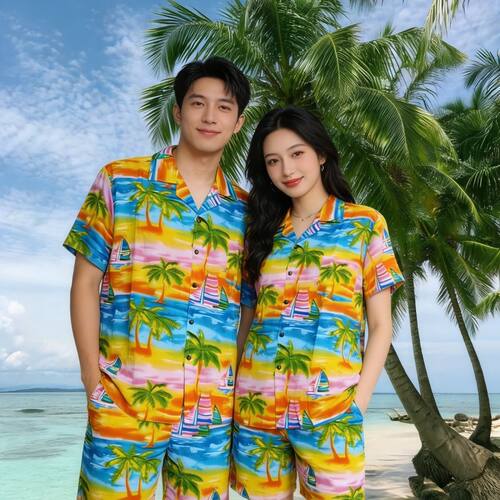 海南岛服棉绸大码宽松衬衫男女三亚旅游风情沙滩服夏威夷印花衬衣