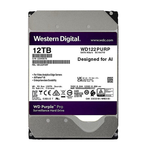 WD西部数据 12TB监控级 紫盘SATA CMR垂直3.5英寸 WD122PURP