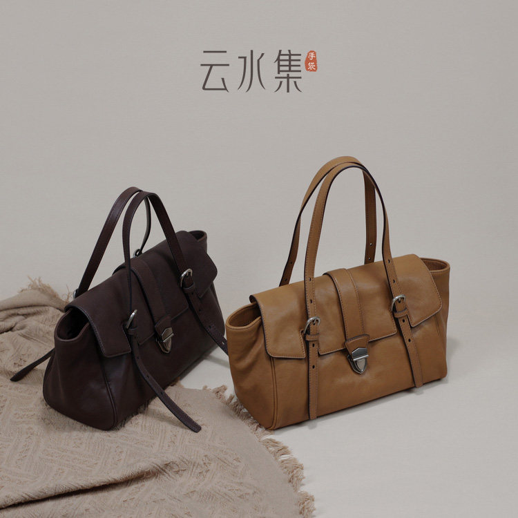 云水集植鞣羊皮法棍公文包真皮复古休闲女包职场通勤手提单肩包软