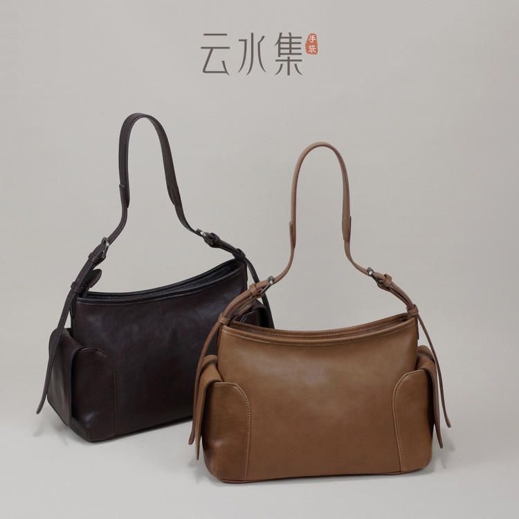 云水集真皮女包2025新款单肩斜挎包植鞣头层牛皮逍遥hobo包高级感