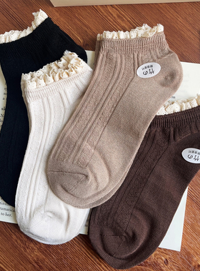 竹纤维蕾丝黑色花边袜子女配小皮鞋~秋冬季韩国可爱短袜~纯棉船袜