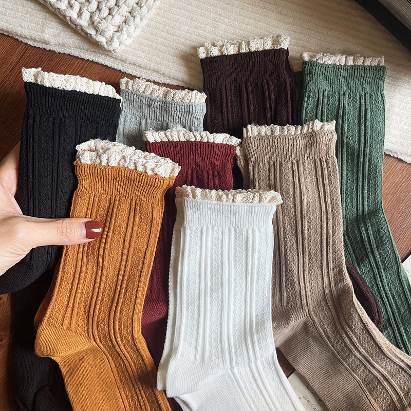 蕾丝花边袜子女中筒纯棉