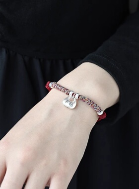 轻奢99足银实心银坨坨小胖福盘缠手绳平安锁福锁新中式本命年手链