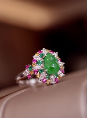 天然A货翡翠葫芦戒指S925纯银多巴胺珠宝饰品轻奢优雅翡翠戒指批