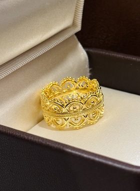 鑫葆康轻奢s925通体纯银宫廷风蕾丝皇冠戒指镂空钩花感富婆古法