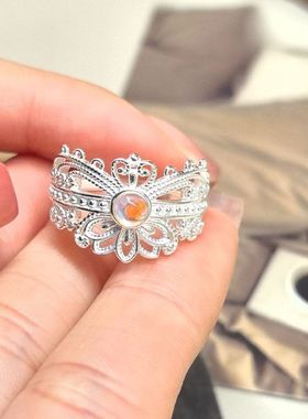 XBKS925纯银新中式国潮凤冠霞帔月光石戒指复古宫廷风镂空花丝指