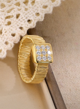 鑫葆康s925纯银轻奢满钻方形戒指女意大利编织食指戒感小红书爆款