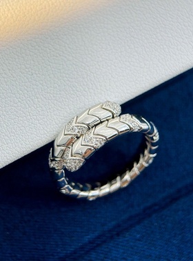 设计师S925银中古风弹簧戒指欧美时尚镶钻蛇形戒指 弹力ins热款