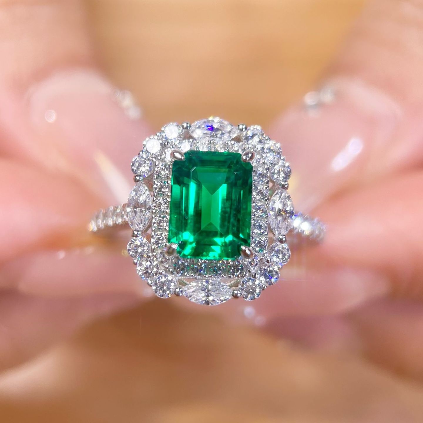 设计师2.55克拉培育祖母绿宝石哥伦比亚女银戒指气质真宝石钻奢