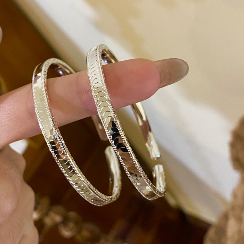 设计师足银999.9 纯银手镯开口国风cnc闪鳞片碎冰冰银手镯 民族风