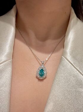 6.2克拉培育高碳钻海蓝宝石帕拉伊巴色水滴梨形钻石奢华气质项链
