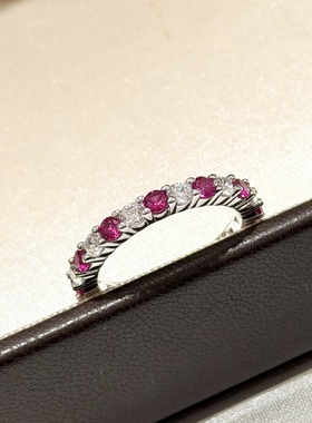 设计师S925纯银 粉钻白钻间钻排钻戒指轻奢甜美少女心玫红钻卢比