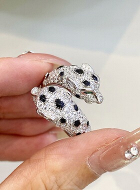 鑫葆康轻奢s925银豹子戒指爆闪戒指双头斑点豹满钻时尚个性潮款