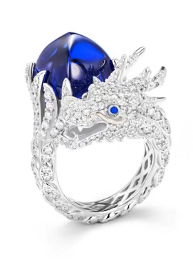 银饰新款925银欧美中国风龙年戒指8*8仿真蓝宝糖塔戒原创指环