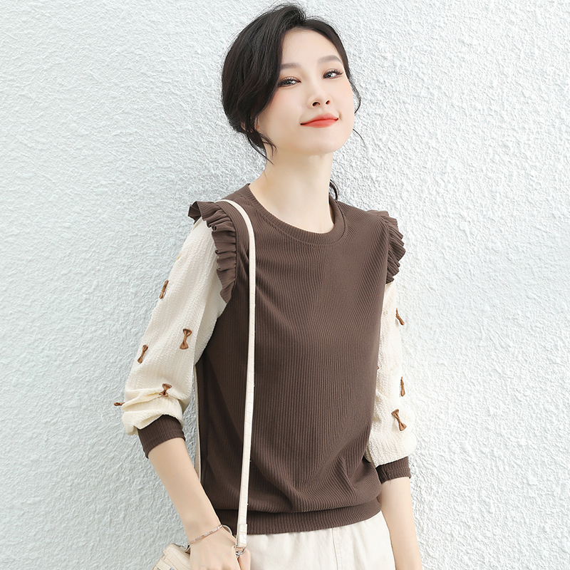 韩潮袭人荷叶边假两件长袖t恤女2023年秋新款拼接雪纺打底衫上衣
