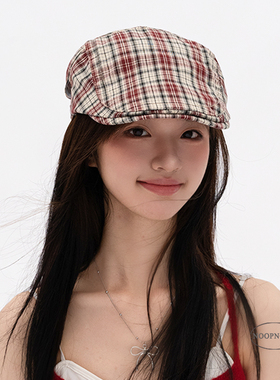 日系复古格纹前进帽女甜美蝴蝶结贝雷帽春夏薄款画家帽子老爹帽