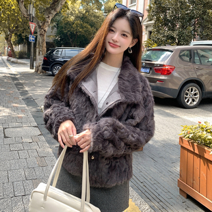 冬季立领仿皮草环保小湖羊皮毛一体大衣女短款小个子外套毛毛上衣