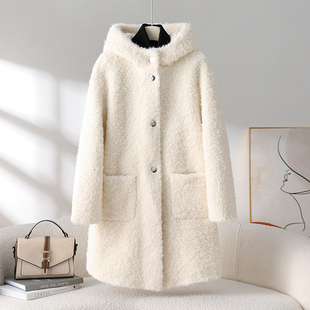 2025冬季新款连帽羊剪绒大衣女中长款保暖羊羔毛皮毛一体皮草外套