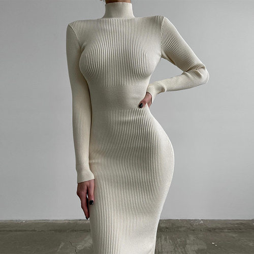 女连衣裙High neck mid length pit stripe knitted skirt dress