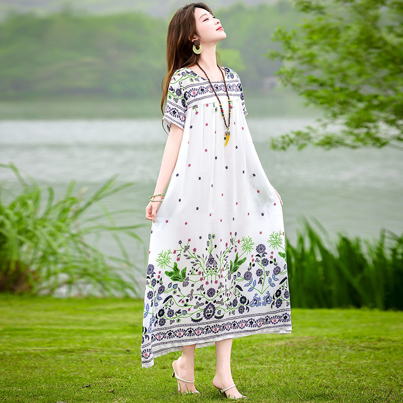高端沙滩风宽松人造棉连衣裙夏季新款棉绸过膝长裙大码休闲裙子