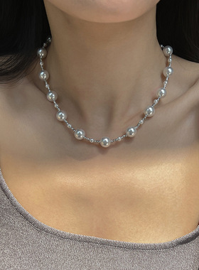 施家珍珠澳白色切花满天星珍珠项链轻奢精致饰品毛衣链女小众气质