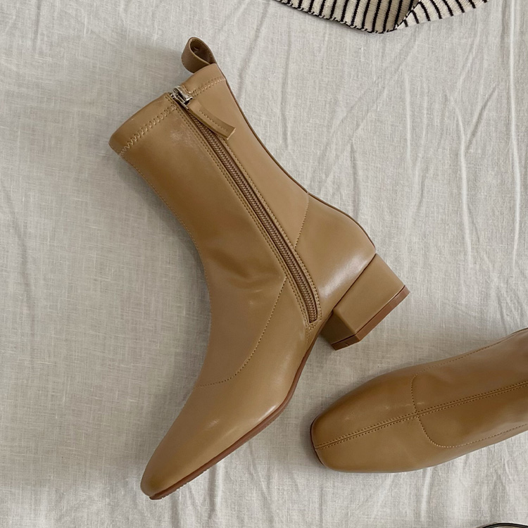 时尚高级杏色弹力靴6cm细高跟