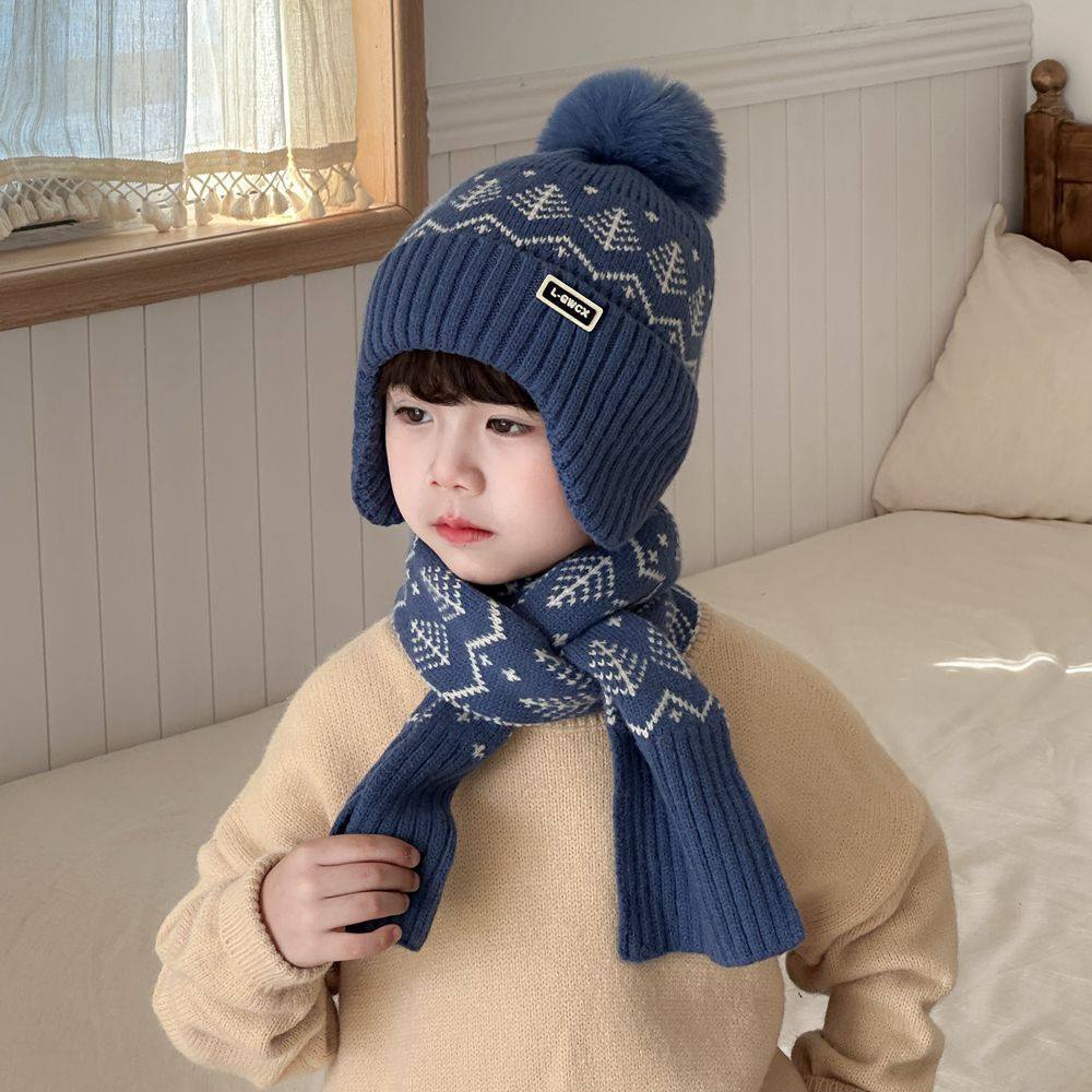 冬天儿童保暖帽子围巾套装提花树叶护耳毛线帽子3-12岁男童针织帽