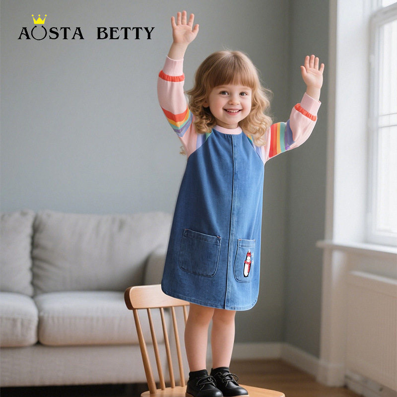 出口欧美春秋新款女童连衣裙刺绣圆领儿童公主裙牛仔布中小童裙子