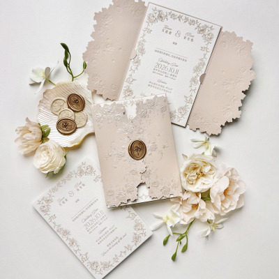 浮雕烫金婚礼请柬letterpress凸版结婚请帖凹印喜帖邀请函杏粉色